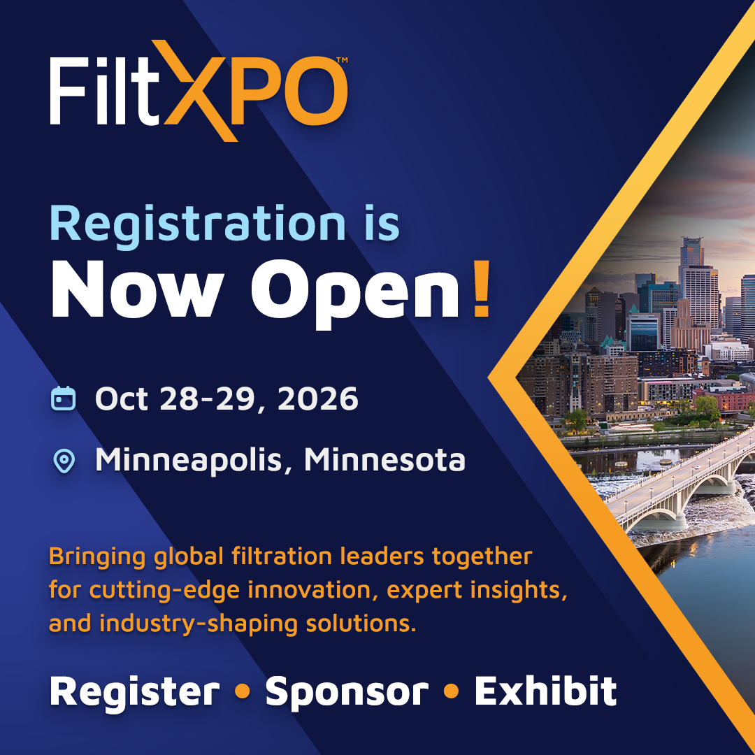 Event promotion for FiltXPO 2026 in Minneapolis, featuring bold text, event dates, and a skyline background, with calls to action: register, sponsor, exhibit.
