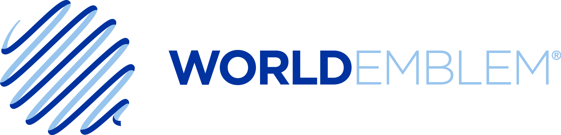 Blue wave-like graphic next to the text "WORLD EMBLEM®" in bold blue and light blue, on a black background.
