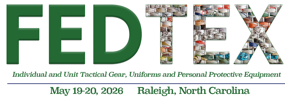 Text-based design featuring "FEDTEX" in green and textured letters, with event details for a defense textile summit in Raleigh, NC.