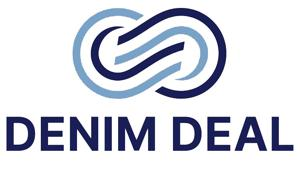 Intertwined blue and light blue loops above bold text reading "DENIM DEAL" in dark blue, conveying a modern, dynamic brand identity.