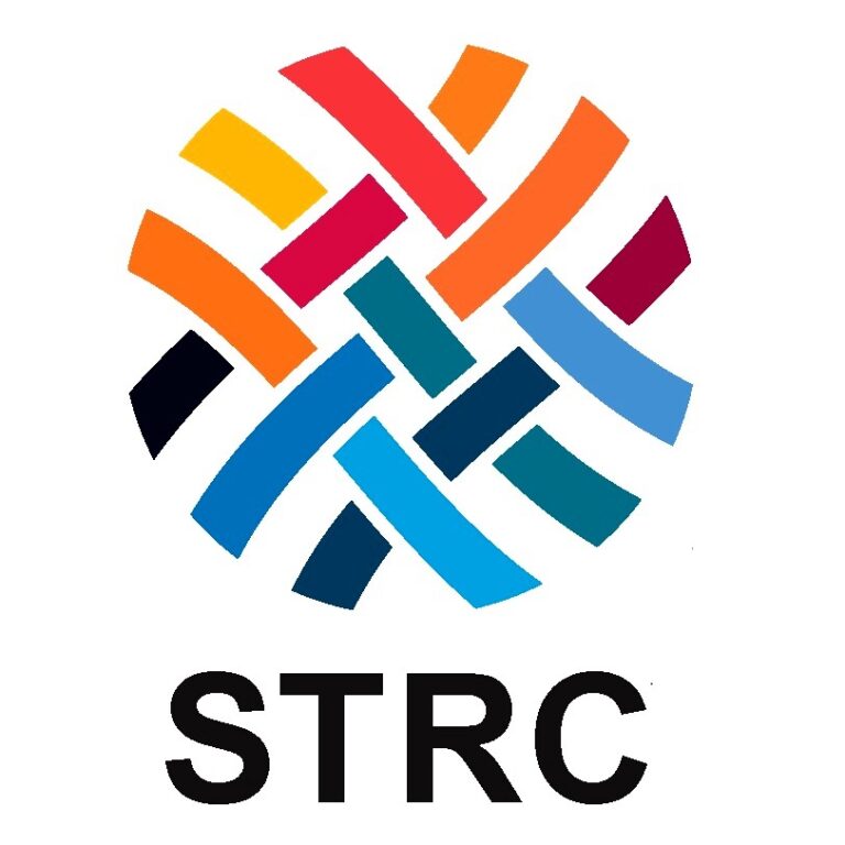 Colorful woven design in a circular pattern, featuring shades of blue, red, yellow, and black, with "STRC" below.
