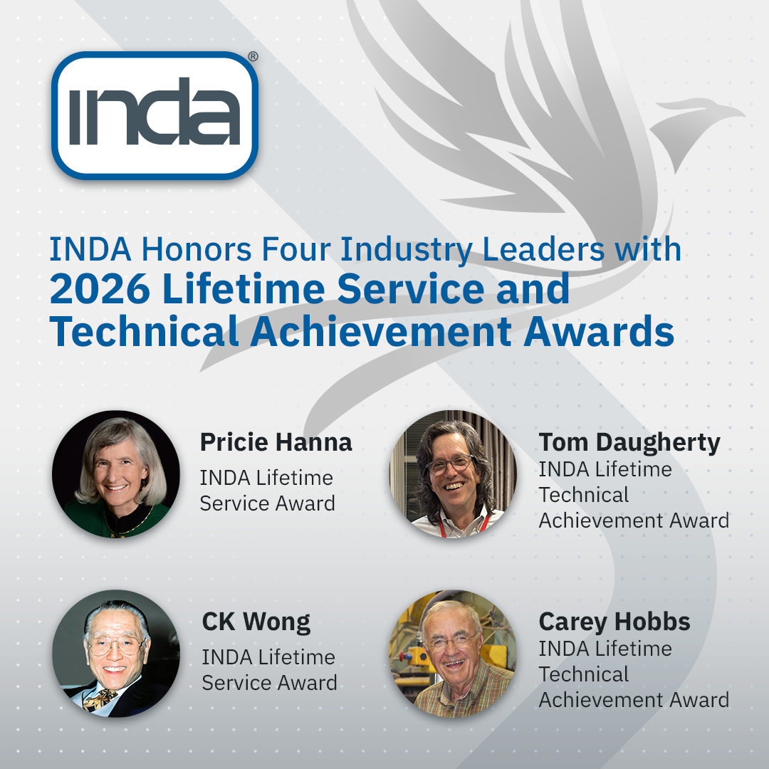 Four portraits of award recipients, with names and award titles, set against a light blue background featuring a stylized eagle design.