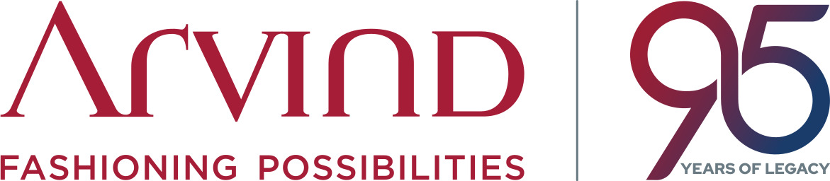 Logo featuring "Arvind" in bold burgundy letters with "FASHIONING POSSIBILITIES" below, alongside "95 YEARS OF LEGACY" in blue gradient.